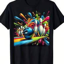 Men's Vibrant Bowling Graphic T-Shirt -, Short Sleeve, Round Neck, Casual Fit, Black with Colorful Bowling Design, Perfect for Leisure Outings, Gift Idea Bowling Themed Round Neck - Negro - Ver 1