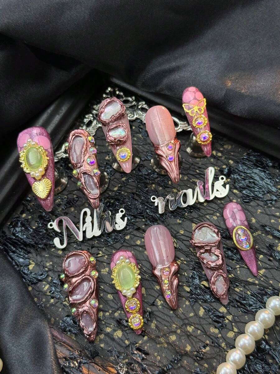 10pcs Handmade Fully Covered Stiletto Nails Press On Nails, Purple Nails, 3D Gem&Rhinestone Decor, Y2K Retro Baroque Style, Four Sizes To Choose From, Removable False Nails For Party, Daily Wear & Cosplay, With Jelly Glue And Nail File