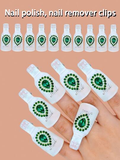 10 món dụng cụ tẩy sơn móng tay và dụng cụ tháo móng - Màu trắng - Kiểu đá quý giả ngọc lục bảo. Dụng cụ tháo sơn móng chân tái sử dụng, có nắp đậy, dùng như dụng cụ tẩy sơn móng tay bằng tia UV, kẹp tháo móng, nắp đậy dụng cụ làm sạch sơn móng. Dụng cụ chăm sóc móng tay dạng kẹp, dụng cụ làm đẹp móng.