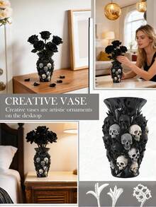 Vaso de Resina Preta com Design Embossed 3D de Caveira, Adequado para Rosas Pretas, Decoração de Casa Estilo Gótico, Aplicável para Quarto, Sala de Estar, Decoração de Festa de Halloween, Presente Único para Entusiastas do Estilo Gótico - A - Visão 9