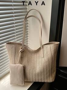 两件套大容量编织草编手提包，配有双提手，是通勤、工作或上学的理想之选。这款容量大、轻便的托特包融合了经典休闲和商务休闲风格。适合年轻女性、大学生和职业人士，轻松适应工作、返校季、高中/大学生活和假期等各种场合。时尚拉链托特包 - 米色 - 查看 2