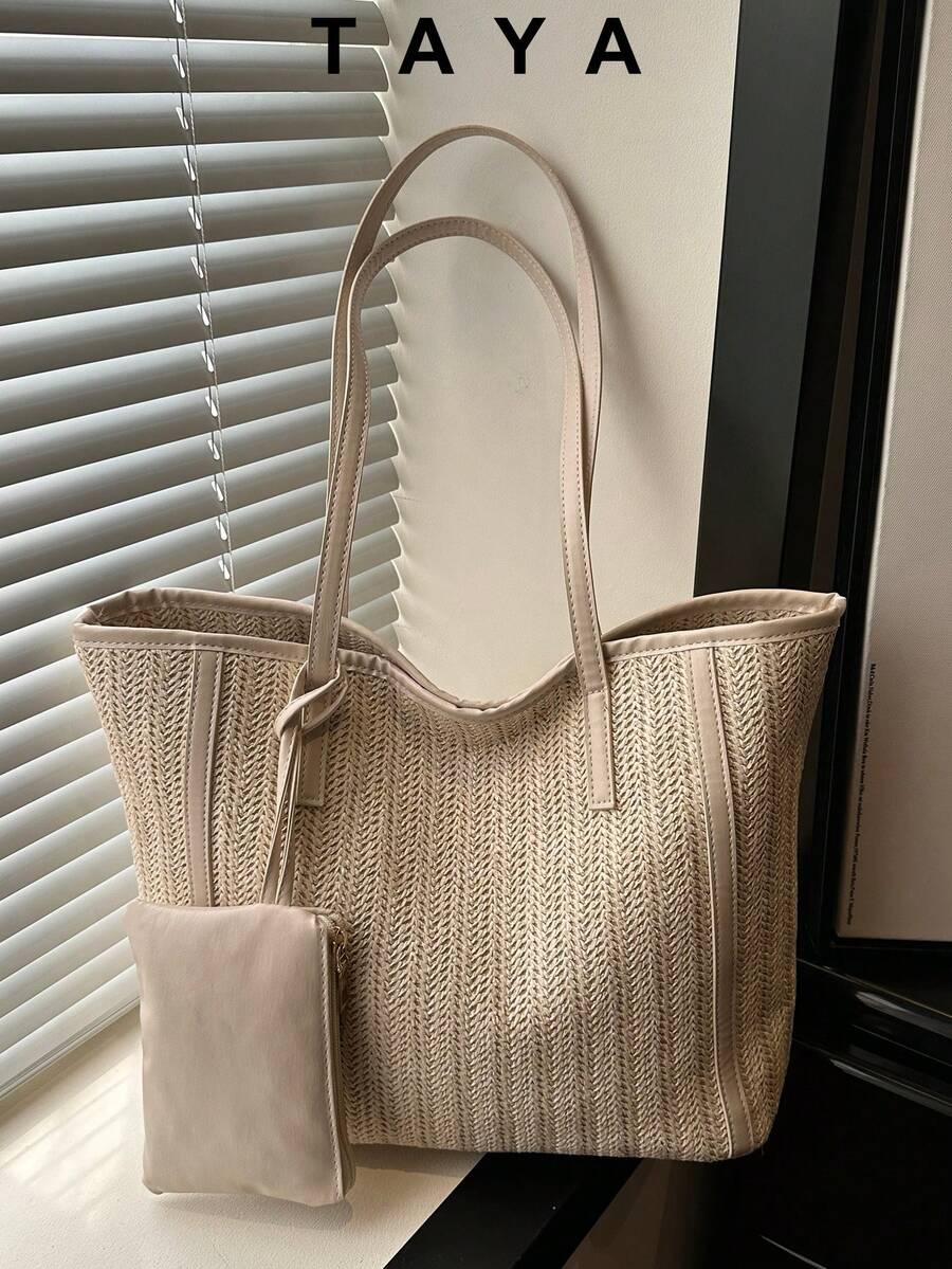 两件套大容量编织草编手提包，配有双提手，是通勤、工作或上学的理想之选。这款容量大、轻便的托特包融合了经典休闲和商务休闲风格。适合年轻女性、大学生和职业人士，轻松适应工作、返校季、高中/大学生活和假期等各种场合。时尚拉链托特包