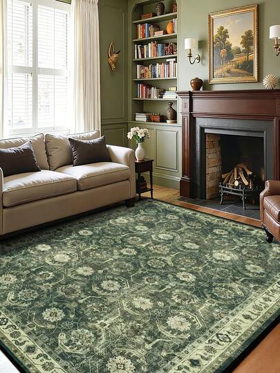 1 tấm thảm màu xanh lá cây, có thể giặt, chống trơn trượt, kiểu Boho, họa tiết hoa cổ điển, in chìm, thích hợp cho phòng khách, phòng ngủ, phòng ăn, nhà ở, văn phòng, phòng trẻ em.