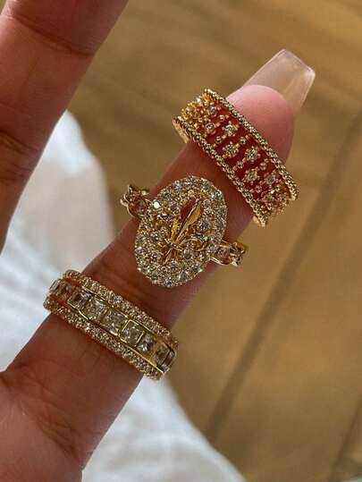 Bộ nhẫn xếp chồng sang trọng mạ vàng đính đá lấp lánh dành cho nữ, nhẫn đính pha lê hình hoa diên vĩ cổ điển, trang sức nổi bật cho các bữa tiệc, quà tặng.