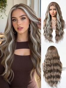 Peluca de onda profunda de 28 pulgadas, 13x4 con frente de encaje, marrón claro con reflejos rubio ceniza, textura sedosa sin frizz, uso cómodo y duradero, adecuada para salidas nocturnas, eventos festivos y ocasiones especiales, elección viral y popular entre las damas con textura sedosa sin frizz - Resaltar marrón - Ver 2