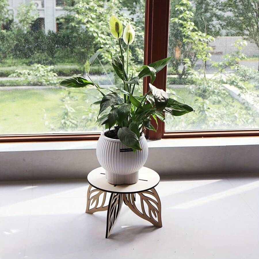 1个带木叶的植物架，坚固的支撑设计，[不含植物] 室内植物架 | 现代装饰 | 装饰花架，适合放置室内植物，是家居或办公室装饰的理想选择。 - 1個 - 查看 1