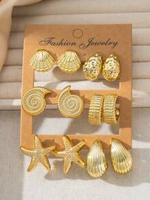 2-12 pièces Boucles d'oreilles dorées assorties à la mode, comprenant des coquillages, des conques, des étoiles de mer, des gouttes texturées et des clous en forme de C, convenant pour le port quotidien des femmes, les voyages à la plage et les vacances - Doré - Voir 4