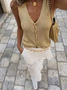 Women's Cute Casual Shiny Button Knitted Sweater Vest Top, Fashion Pullover For Summer & Autumn - Gold - View 1