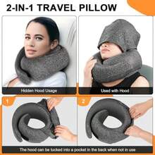 Travel Pillow - Hooded Neck Pillow Airplane Memory Foam Filling For Plane Office Cars Sleeping Road Trip Long Flights Portable Plane Accories Includes Eye Mask And Earplugs Dark Gray - Full Blue - View 3