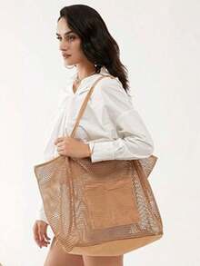 1pc Mesh Beach Tote Bag, Outdoor Activity Travel Organizer, Makeup, Cosmetic, Vacation Organizer, Large Capacity Cosmetic Organizer Makeup, Lipstick, Brush, Skincare, Phone, Coins, Small Items, Home,, Holiday And Halloween Multipurpose, Bohemian Style ,Makeup Bag V3BX - Khaki Mesh Beach Bag/1pc - View 2