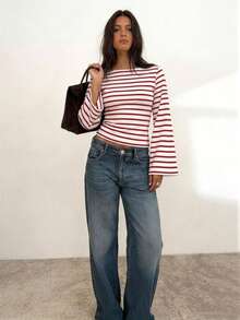 Striped Contrast Rib Knit Long Sleeve T-Shirt For Women, Casual Everyday Wear Vacation Red - Red - View 6
