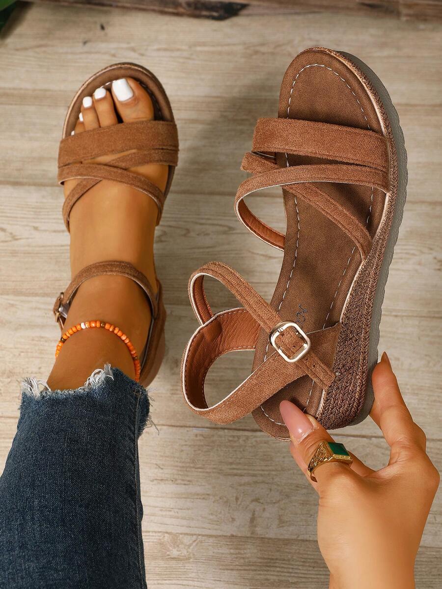 Summer New Wedge Sandals, Thick Sole Non-Slip Plus Size Women One-Strap Buckle Sandals,Beach Shoes - Brown - View 1