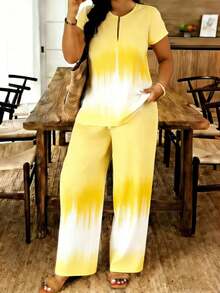 Plus Size Women's 2 Piece Outfits, Pale Yellow White Tie Dye Gradient Print, Notch Neck Top + Wide Leg Pants Set, Short Sleeve, Elastic Waist, Casual Loungewear, For Commute, Vacation Beach Wear, Breathable Fabric, Suitable For Home/Daily Summer Wear - 彩色 - 查看 2