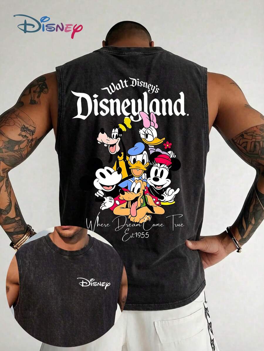 Disneyland Vintage 70s Graphic Muscle Tank - 100% Washed Cotton - Front Chest Mickey Logo With Back Large-Scale "Est. 1955" Cartoon Collage Print - Distressed Grey Oversized Unisex Streetwear Top - 黑色 - 查看 1