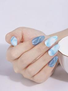 20 miếng dán móng tay gel bán khô họa tiết mây xanh da trời mùa xuân/hè, ánh nhũ bạc hình mắt mèo, kiểu dáng tươi mát, tự dính, dễ làm móng, chống bong tróc, thích hợp cho nữ giới tự làm móng tại nhà. - Màu xanh nhạt - Xem 4