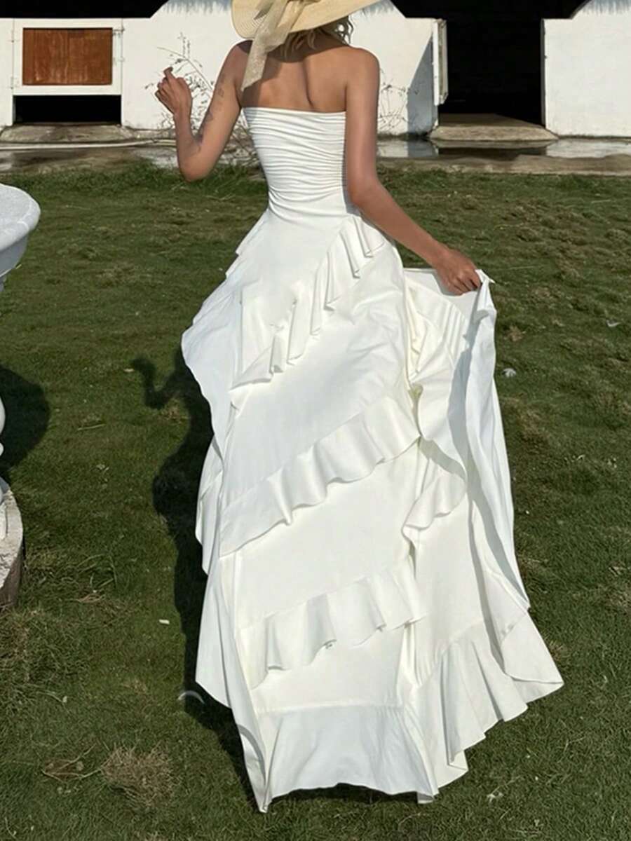 Summer Strapless Asymmetrical Hem Tierred Ruffle Long Top Elegant Clubwear White - White - View 1
