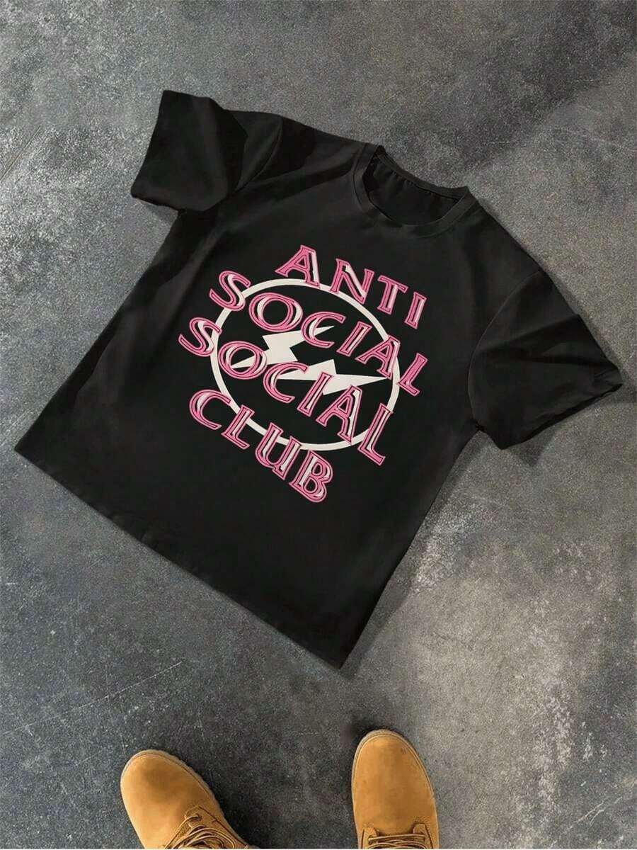 Anti Social Club Graphic Digital Print 1pcs Men's Round Neck Short Sleeve 220g T Shirt Streetwear Lightning Bolt  100% Cotton Casual Undershirt Tops Hip Hop - Black - View 1