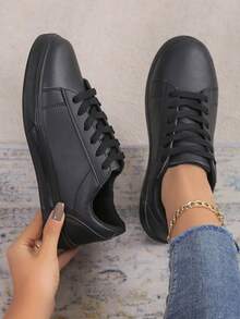 AOSEIN Women's Casual Sports Shoes, Leather Patchwork Decor, Fashion Solid Color Versatile, Front Lace-Up, Soft Sole, Lightweight Flat - Black - View 3