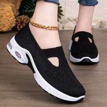 1 đôi giày thể thao nữ bằng vải dệt kim, màu đen, hồng, xanh lá cây, xám, thoáng khí và thoải mái. - màu đen - Xem 4