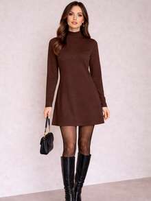 Premium Suedine Short Dress With High Ribbed Neck And Long Sleeves, Simple Fitted A-Line Style, Solid Color, Elegant, Autumn/Winter Fashion. - Rust Brown - View 7