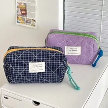 Retro Girl Colorblock Pencil Case, Large Capacity Portable Plaid Pencil Bag, Convenient Stationery Storage Pouch, Travel Toiletry Organizer, Fashion Student Essential, Unique Desktop Storage Bag - Multicolor - View 5