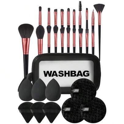 30件套化妆工具套装，包含：20支化妆刷套装+1个多功能防水拉链化妆包+3个化妆海绵+3个三角粉扑+3个洁面海绵，一应俱全，新手友好 | 方便旅行携带，送礼佳品 | 新手/女性的完美之选