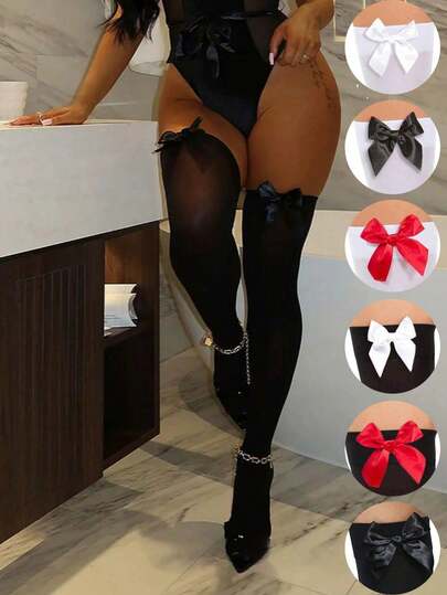 1 par de medias altas y ajustadas con estilo de cinturón, medias hasta la rodilla con decoración de lazos, adecuadas para la moda femenina y uso versátil. Son muy adecuadas como accesorios para fiestas de verano, actuaciones en el escenario, juegos de roles, eventos y reuniones, y también son adecuadas para looks de estilo.