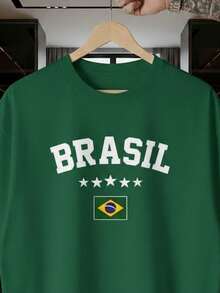 Stylish Sports T-Shirt For Fans Of The World Cup, Brazilian National Football Team, Green And Yellow, Short Sleeve, Men's And Women's, 100% Cotton, Casual, Crew Neck - 綠色 - 查看 2