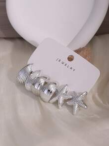 6/18pcs Silver Flower, Starfish & Assorted Fashionable Earring Set For Women, Luxury Elegant Minimalist Design. Beautifying Oneself Is Not To Please Others, But To Boost Self-Confidence And Happiness. - Silver - View 4