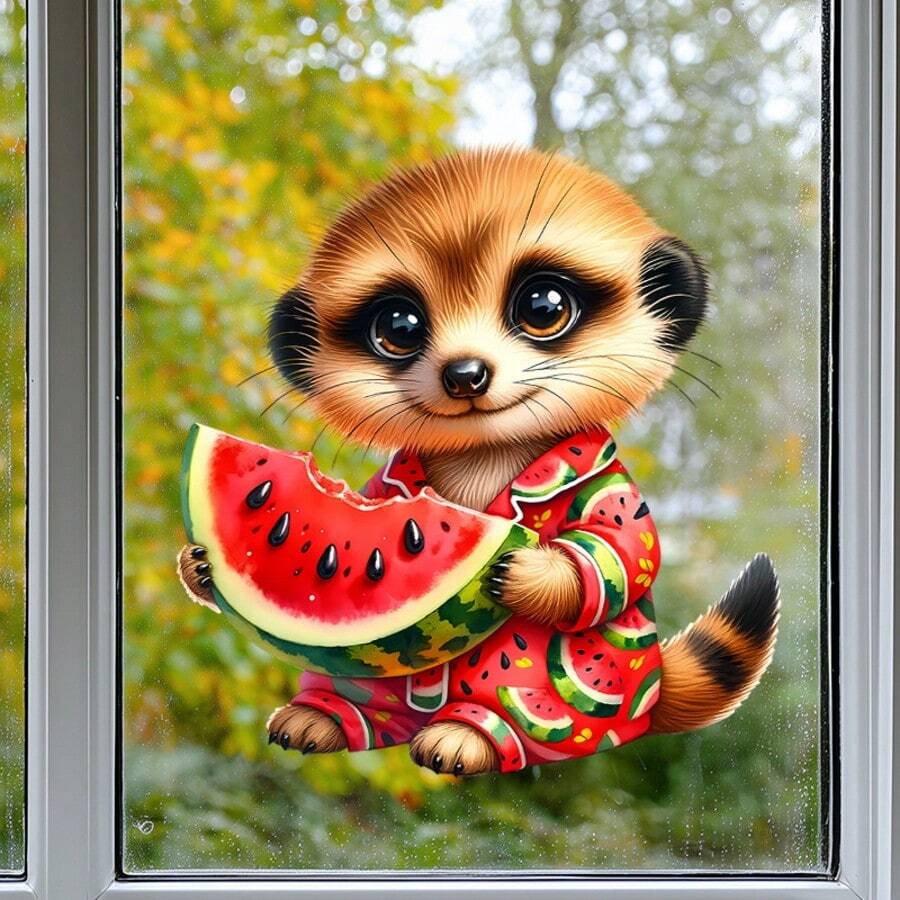 Autocolant pentru fereastră cu tematică de vară, Meerkat - Decal autoadeziv detașabil din PVC, design cu model neregulat de suricată și pepene verde, pentru decor de perete pentru fereastră, dormitor și living - decorare ușor de decojit și lipit, temă cu animale