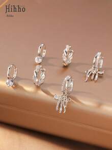 Hihho 6pcs/Set Luxury Cubic Zirconia Earring Set, Featuring Butterfly, Rhinestone Bow, Geometric Patchwork Designs, Minimalist Silhouette With Sparkling Details, Versatile For Commute, Work, And Light Social Occasions - Silver - View 8