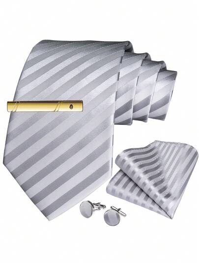 Bộ cà vạt sọc xám bạc dành cho nam – kèm khăn cài túi, khuy măng sét và kẹp cà vạt vàng, bộ cà vạt trang trọng lịch sự dành cho công sở.
