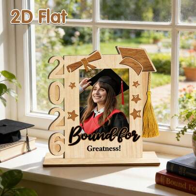 2026 Graduation Wooden Photo Frame, "Bound For Greatness" Inspirational Theme Desktop Decor, 2D Flat Graduation Commemorative Gift, University/High School Graduation Ceremony Photo Frame, Living Room/Study Room Tabletop