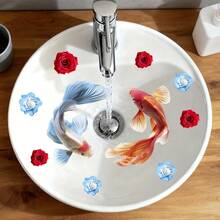 1pc Koi Fish & Rose Sink Decal, Auspicious Meaning, Self-Adhesive Bathroom Vanity Decorative Sticker - Multicolor - View 8