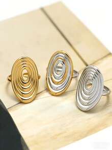 Uself 3pcs/1pc Stainless Steel Oval Rings, 18K Gold PVD Coated, High Quality Waterproof Jewelry For Women, Suitable For Daily Wear, Vacation, Beach - Multicolor - View 4