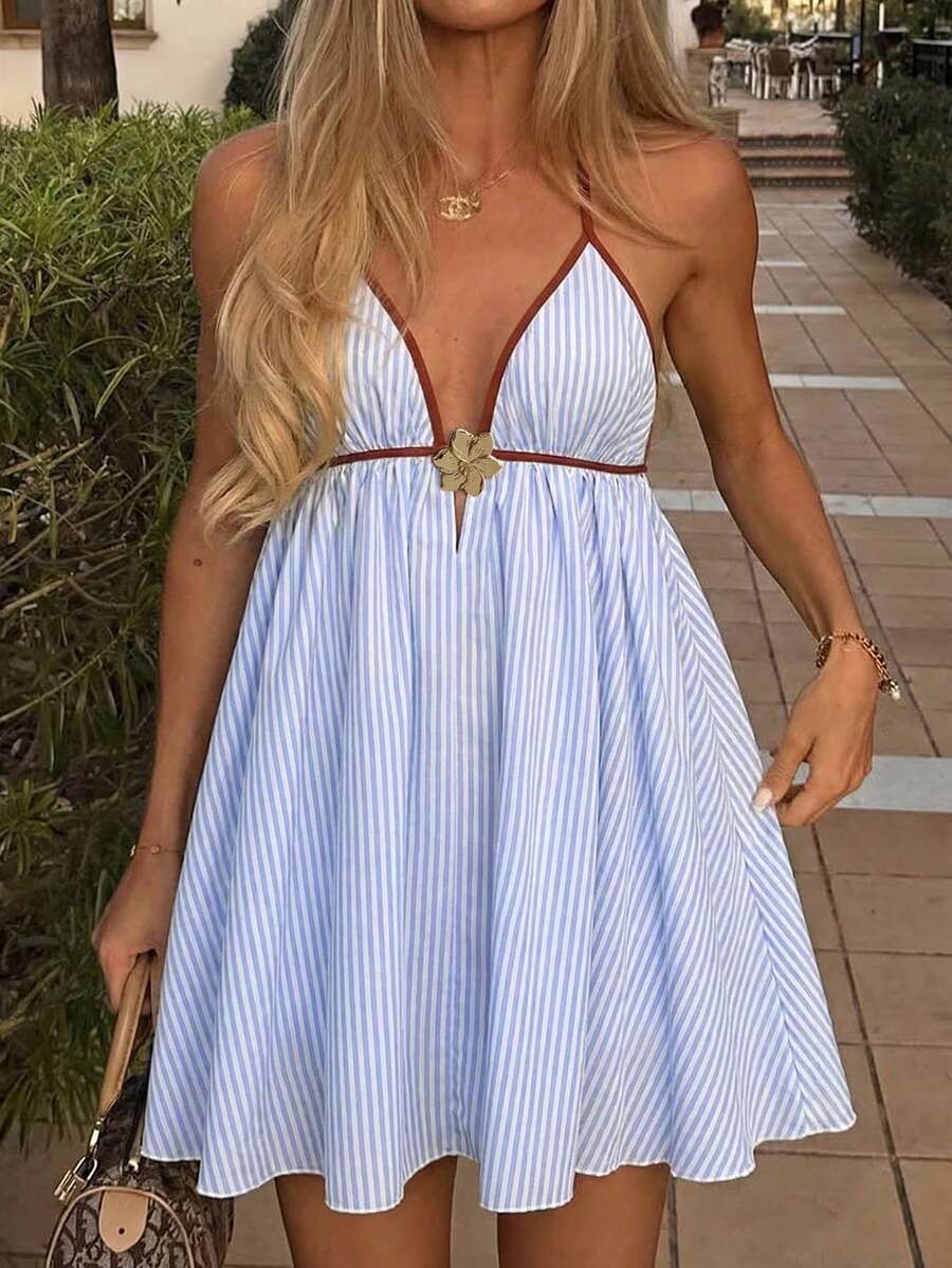 Spring/Summer Light Blue & White Striped Metal Buckle A-Line Cami Dress, Relaxed Vacation Style For Daily Wear Elegant - Multicolor - View 1