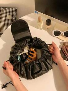 1pc Cosmetic Bag Drawstring Pouch, Portable Travel Organizer Bag, Random Drawstring Closure, Can Store Cosmetics, Travel Toiletries, Great Gift, Also Suitable For Manicure, Room Decor, Bags, Cosmetic Bags, Travel, Toiletry Bag, Travel Essentials, Storage Bag, Makeup Bag, Toiletry Pouch - 黑色 - 查看 6