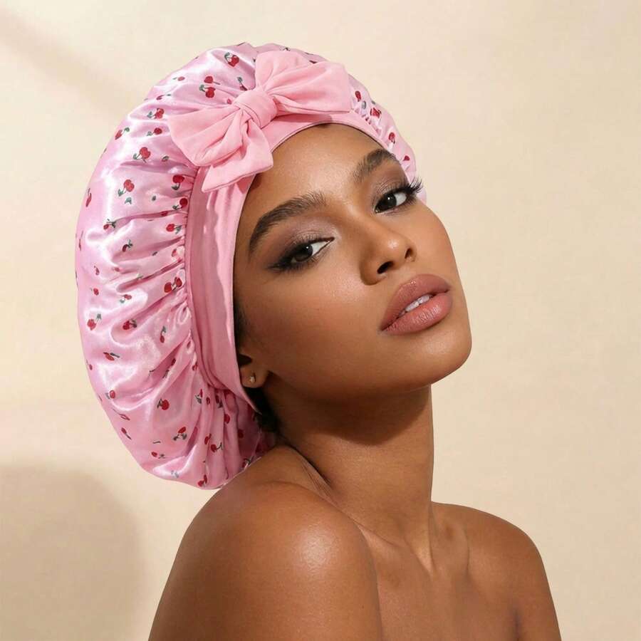 Awegeo Mũ ngủ bằng satin in hình quả anh đào và nơ dành cho nữ, mũ ngủ co giãn bản rộng, khăn trùm đầu hai mặt mềm mại như lụa cho tóc xoăn, chăm sóc tóc ban đêm và sử dụng hàng ngày. - Nhiều màu - Xem 1