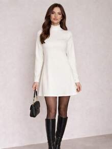 Premium Suedine Short Dress With High Ribbed Neck And Long Sleeves, Simple Fitted A-Line Style, Solid Color, Elegant, Autumn/Winter Fashion. - White - View 11