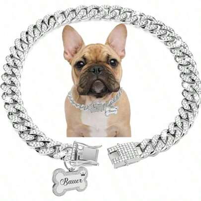 Collar de lujo para perros incrustado con diamante de imitación, collar de mascota con estilo hip-hop personalizado, collar de mascota, cadena cubana clásica incrustada con diamante de imitación, colgante de hueso minimalista, tamaño ajustable, adecuado para gatos y perros