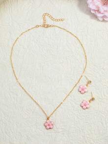 3pcs/Set Fashionable & Sweet Floral Necklace & Earrings Jewelry Set, Suitable For Daily, Party, Date, Vacation, Birthday Gift, Gift For Friends - Pink Flowers - One Size Fits All - View 5