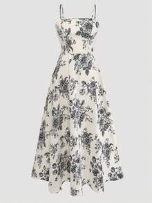 Conjunto de Vestido e Jaqueta Chiffon com Estampa de Rosa Elegante Feminino, Conjunto Gracioso para Praia, Encontro, Dia dos Namorados, Uso Casual Diário, Verão e Primavera Preto - Preto - Visão 5