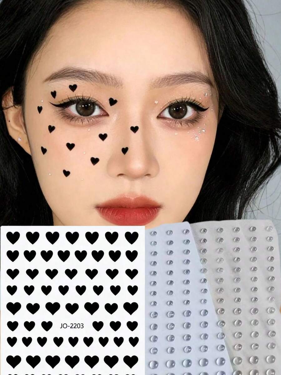 1pc Cool Black Heart Face Sticker, Mixed Size Rhinestone Decor, Music Festival Party Makeup Decoration, Unique Stage Makeup Sticker,Concert Look,Face Gems - Multicolor - View 1