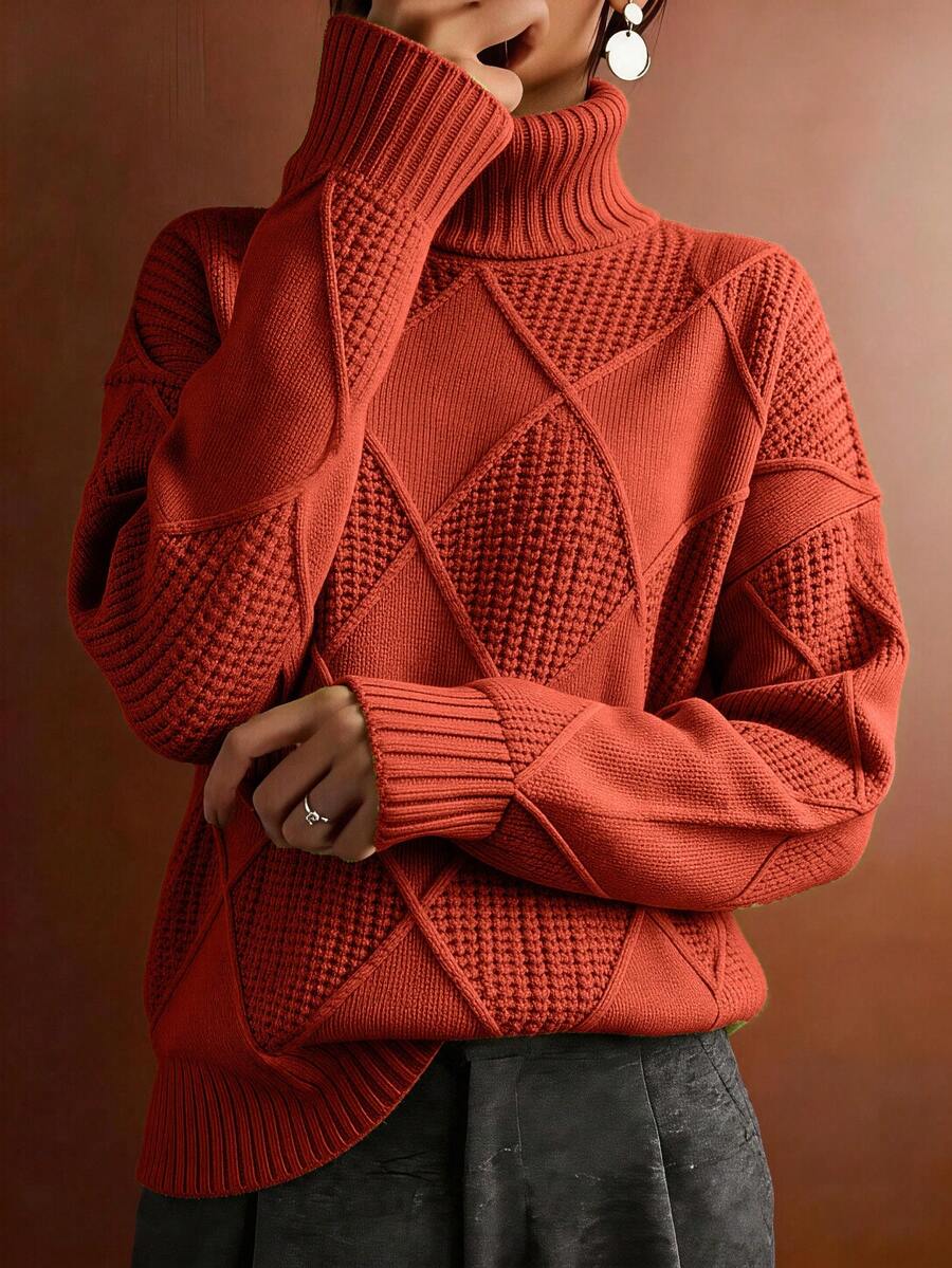 Suéter de cuello alto de unicolor de manga larga, talla grande, otoño/invierno - Rojo - Ver 1