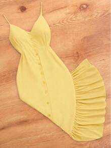 Long Dress In Viscose Linen, Plain, With Thin Straps, Buttons Down The Front, Padded Cups And Lining. Elasticated Back. - Light Yellow - View 8