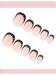 24片短方形裸粉色和黑色波点复古美甲贴纸，美甲贴 - 黑色 - 查看 3