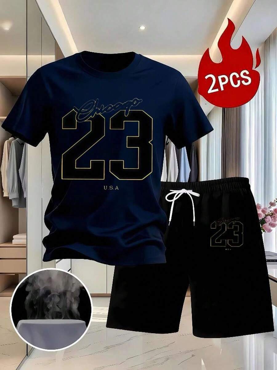 Mens Clothes Set Of 2pcs Including A White T-Shirt Featuring A Black And Golden '23' Print,Shorts That Have Golden '23' Accents And A White Drawstring - 海軍藍 - 查看 1