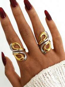 Uself 2 piezas/1 pieza Anillo de infinito chapado en oro de 18K, regalo del Día de la Madre, anillo abierto hueco grueso de acero inoxidable, adecuado para el 4 de julio, anillo de diseño geométrico intersectado, joyería hipoalergénica impermeable, apto para mujeres, Gen Z, ropa de calle, uso diario, oficina, citas y vacaciones - Multicolor - Ver 5