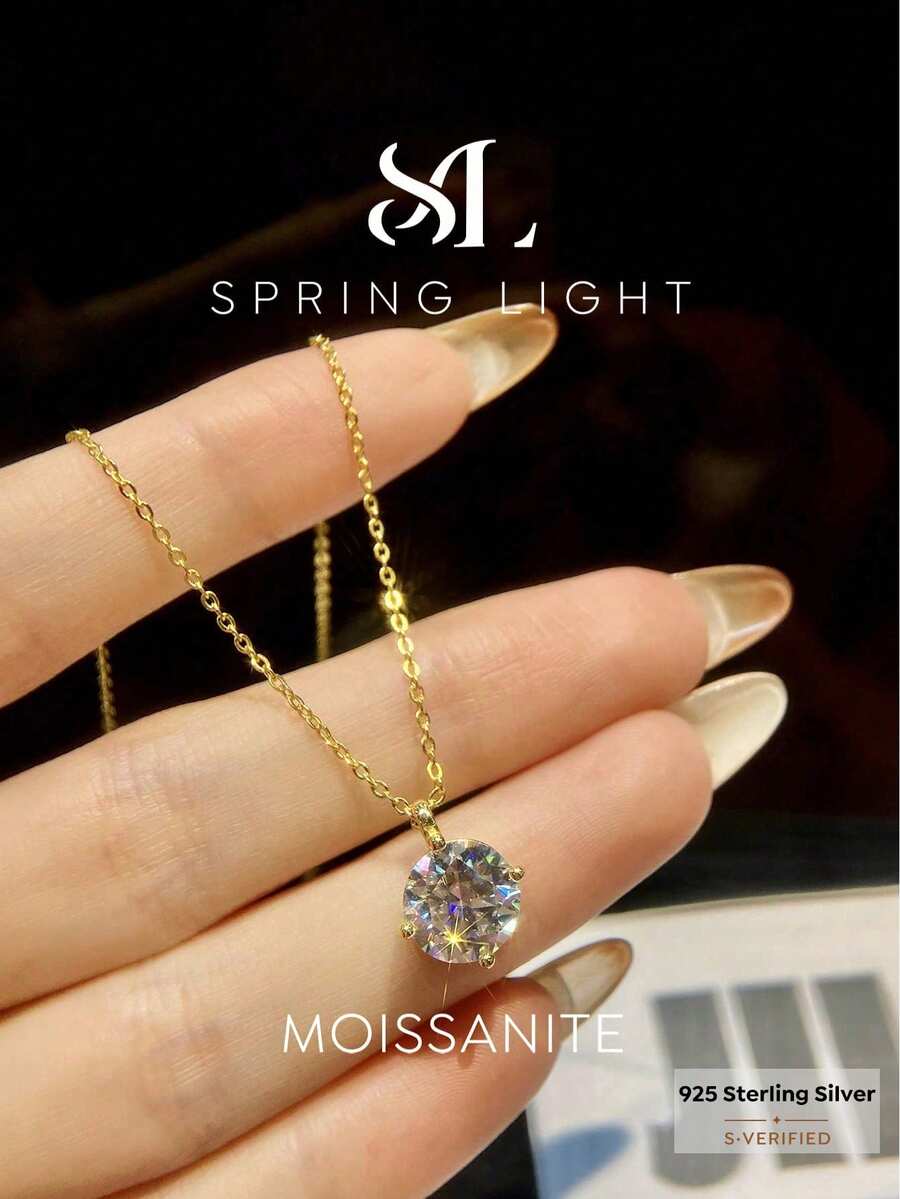 1 chiếc dây chuyền bạc Sterling S925 đính đá Moissanite 3 carat, mặt dây chuyền 4 chấu cổ điển, dây chuyền hứa hẹn, dây chuyền vĩnh cửu, quà tặng trang sức sang trọng và thanh lịch dành cho phụ nữ, quà tặng kỷ niệm/cô dâu. - Vàng - Xem 1