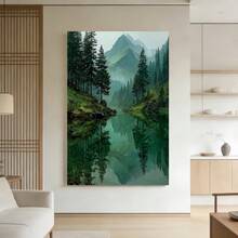 Framed 2D Plano, 2D Plano, 2D Plano 1 pieza, Enmarcado,  Paisaje de acuarela verde sereno, Impresión en lienzo, Representación abstracta de un lago y montañas en un estilo de pintura al óleo retro - 3G703G1490 - Enmarcado - Ver 2